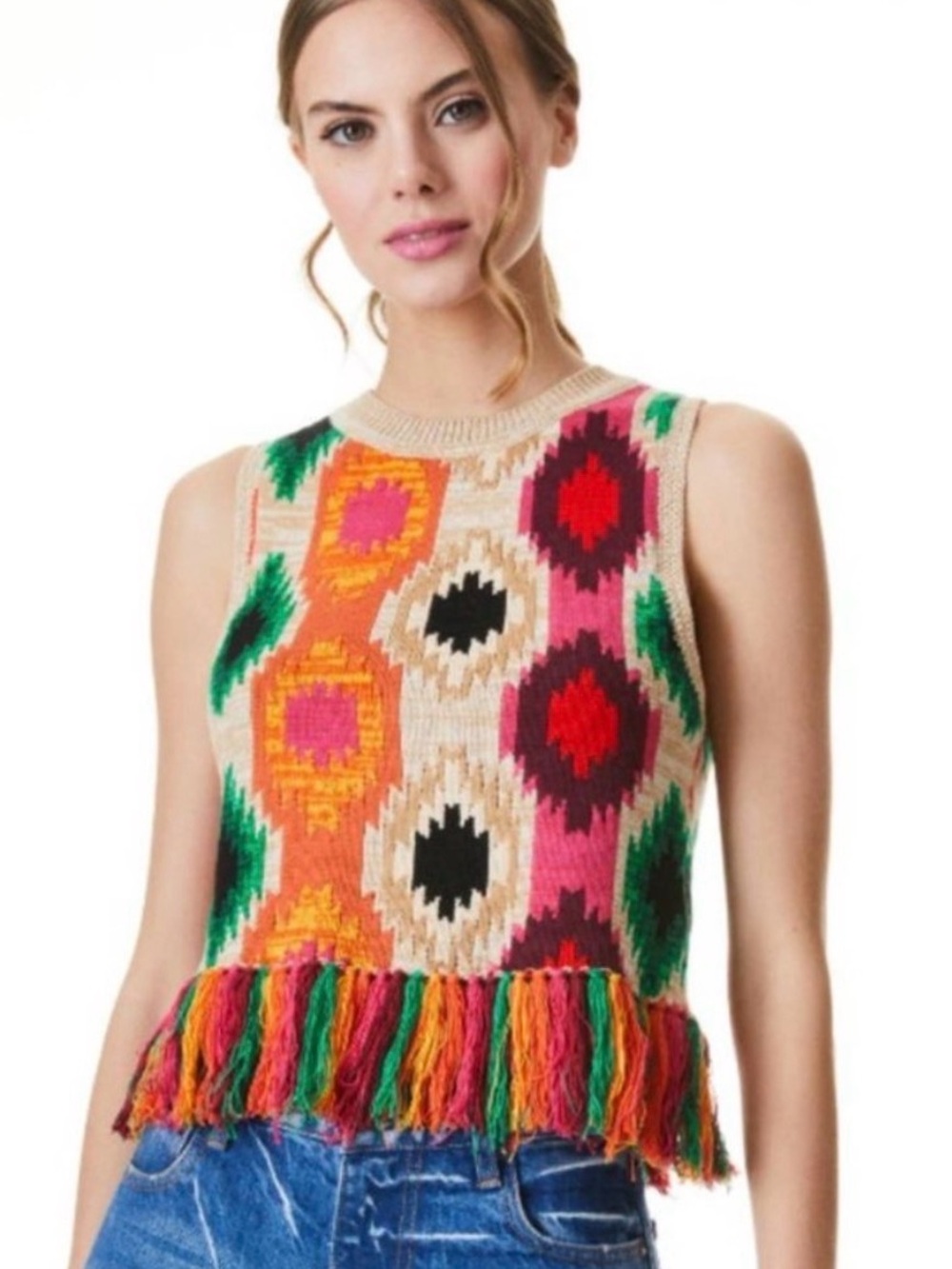 NWT Alice + Olivia Reva Fringe Shell Top Geometric Print M